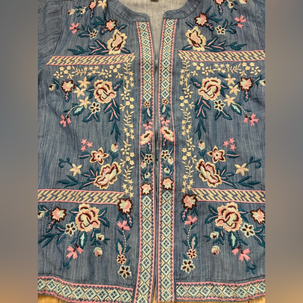 NWT J. Jill Floral Embroidered Open Front Lightweight Chambray Jacket Women’s Lg - Picture 7 of 14